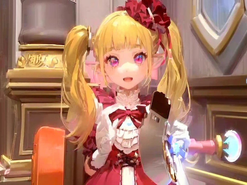 a close up of a person in a dress holding a cell phone, , twintails white_gloves, lalafell, pink twintail hair and cyan eyes, holding a pudica pose, small  girl, , ayaka genshin impact, shalltear bloodfallen, ayaka game genshin impact