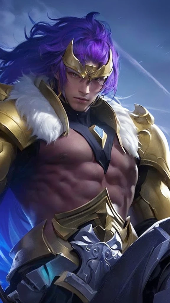 a close up portrait of a man with purple hair, wearing a gold armor, muscular body, detailed facial features, realistic, hyper detailed, 8K, cinematic lighting, dramatic, photorealistic, award winning digital art, intricate details, sharp focus, masterpiece, high resolution, vibrant colors, chiaroscuro lighting, moody atmosphere, dramatic composition