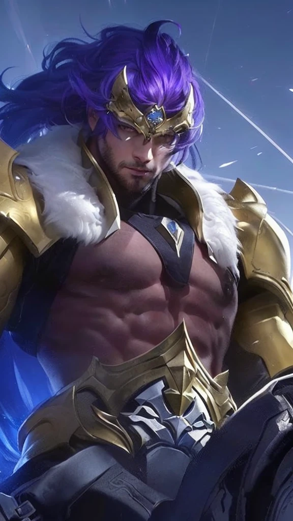 a close up portrait of a man with purple hair, wearing a gold armor, muscular body, detailed facial features, realistic, hyper detailed, 8K, cinematic lighting, dramatic, photorealistic, award winning digital art, intricate details, sharp focus, masterpiece, high resolution, vibrant colors, chiaroscuro lighting, moody atmosphere, dramatic composition