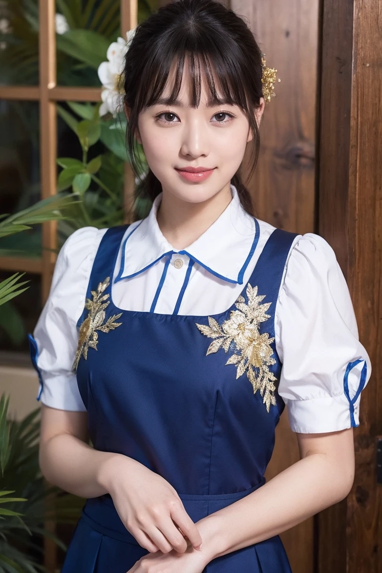 Medium display, Medium Shot, Written boundary depth, bust, Upper Body, Movie angle, masterpiece, Highest quality, Very detailed, CG, 8k wallpaper, Beautiful Face, Delicate eyes, Otome, alone, smile, bangs, skirt, shirt, have, Cobalt blue dress with gold trim, Laugh mischievously、Floral Background
