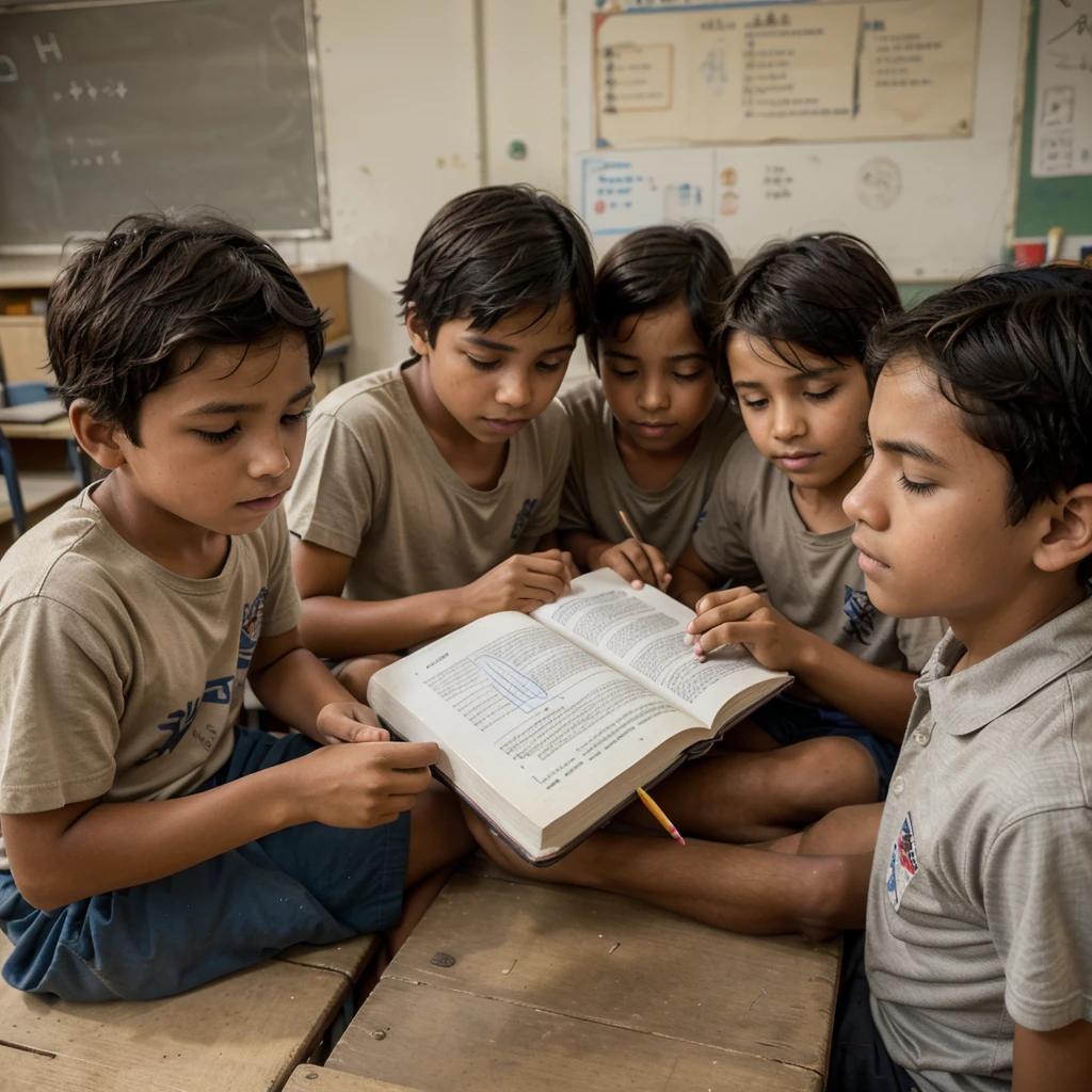 "Create a powerful image focusing on boys in a poor country engaged in education. Depict a diverse group of boys in a modest classroom or outdoor learning environment, using simple, often handmade, educational tools like chalkboards, notebooks, and pencils. Highlight the determination and enthusiasm of these boys as they participate in group learning activities, read books, and listen attentively to a teacher. The image should capture the resilience, hope, and transformative power of education in underprivileged settings, with a focus on authenticity and inspiration."