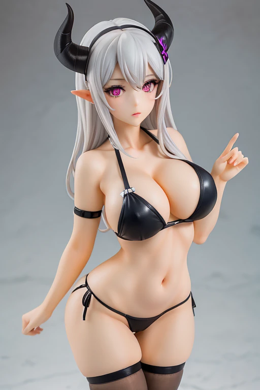 figure of Best quality, masterpiece, beautiful mature hospital nurse, sexy, seductive, sexy nurse silver micro bikini, cleavage, , butt, thigh high socks,, pink eyes, demon horns, horns,((big breasts)),