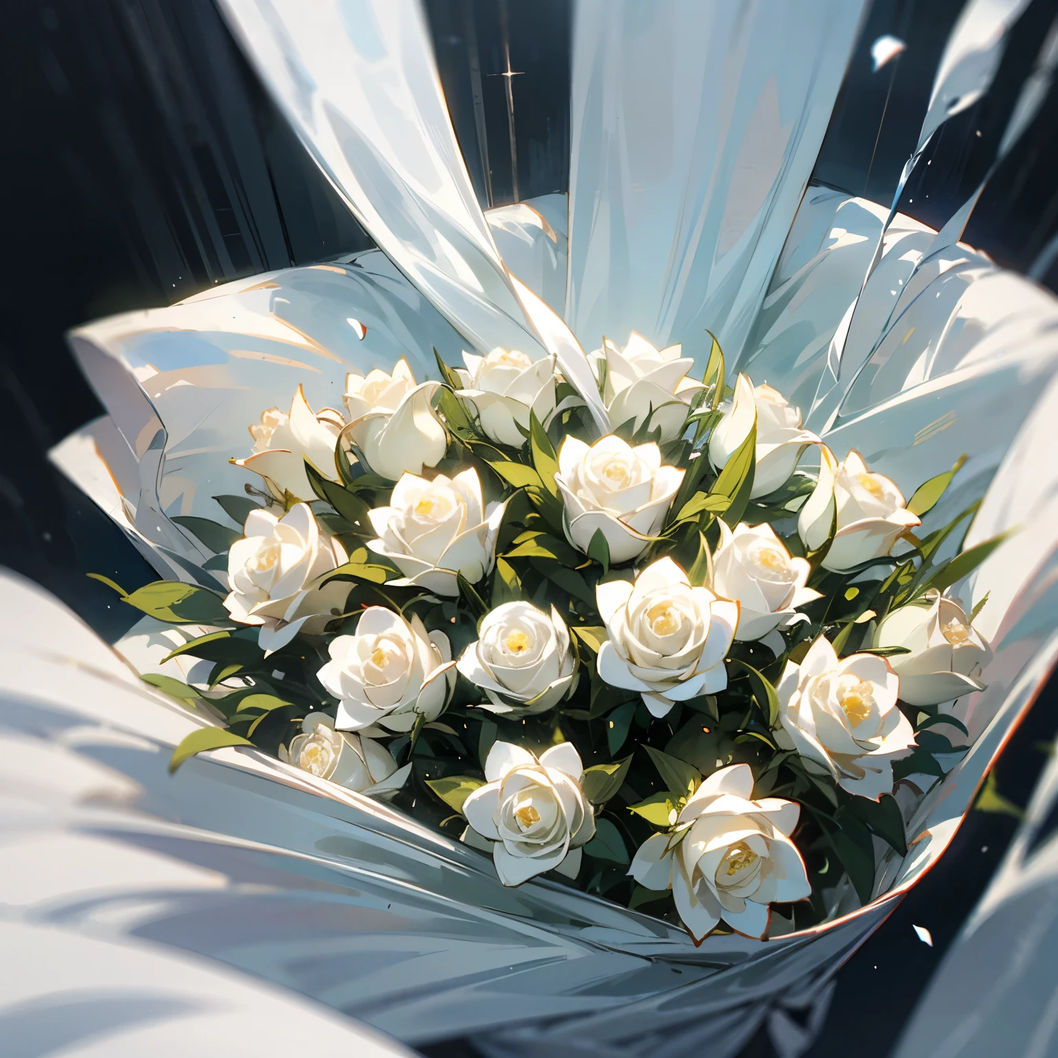 bouquet of white roses, white leaves, shine, close to the camera, bouquet on top of a white curtain, no person, bouquet lying on its side, just the bouquet