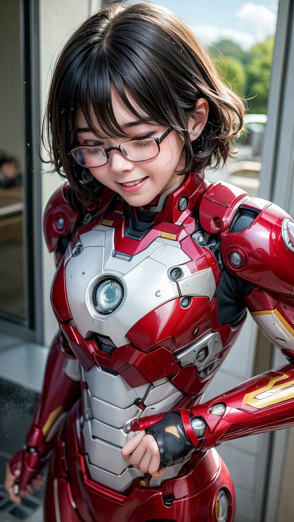 Highest quality　8k Iron Man Suit Girl　 girl　Sweaty face　cute　short hair　boyish　Steam coming out of my head　My hair is wet with sweat　The feel of black hair　whole bodyポートレート　My upper body is soaked　Glasses　smile　Laughing with your mouth open　Sweaty hair　whole body