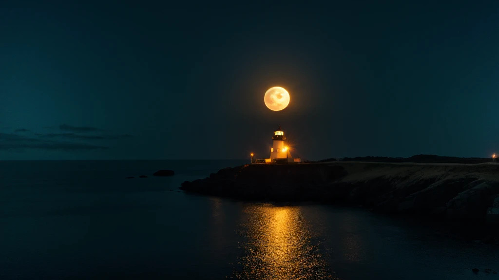 full moon、Quiet Sea、Pitch Black Night、Lighthouse、masterpiece、Highest quality、photograph、Realistic、8K,