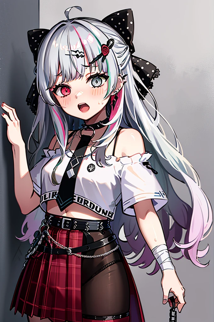 (Ultra HD、Masterpiece、super high quality),anozomi, long hair, streaked hair, hair ornament, hair bow, polka dot, hair flower, ear piercing, earrings, heterochromia, off shoulder, choker, necktie, red shirt, short sleeves, bandages, midriff, black belt, plaid skirt, red skirt, black shorts, chain, thigh strap, fishnet pantyhose,(blush、Embarrassing)、Upper Body、After orgasm、A stunned look、Sweat it out、Half-open mouth、vapor、steam、steam、Private room at an Internet café、Inside the room、Sit leaning against a wall