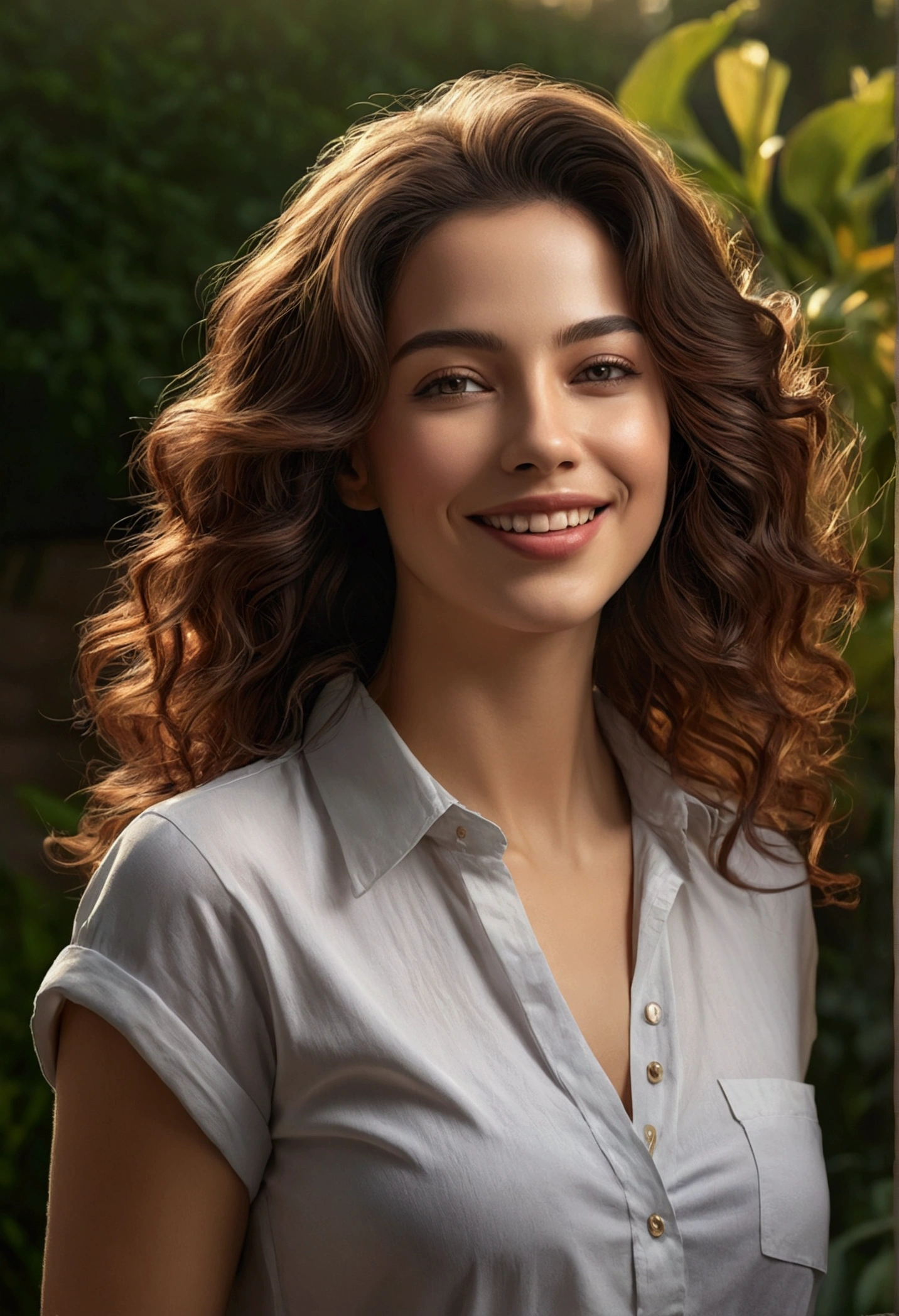 1woman, full body, smiling, tranquil, closed mouth, neck shirt, beautiful detailed eyes, beautiful detailed lips, extremely detailed face and hair, photorealistic, 8k, hyper detailed, chiaroscuro lighting, oil painting, muted colors, warm tones, cinematic composition, dramatic lighting, atmospheric, garden scene