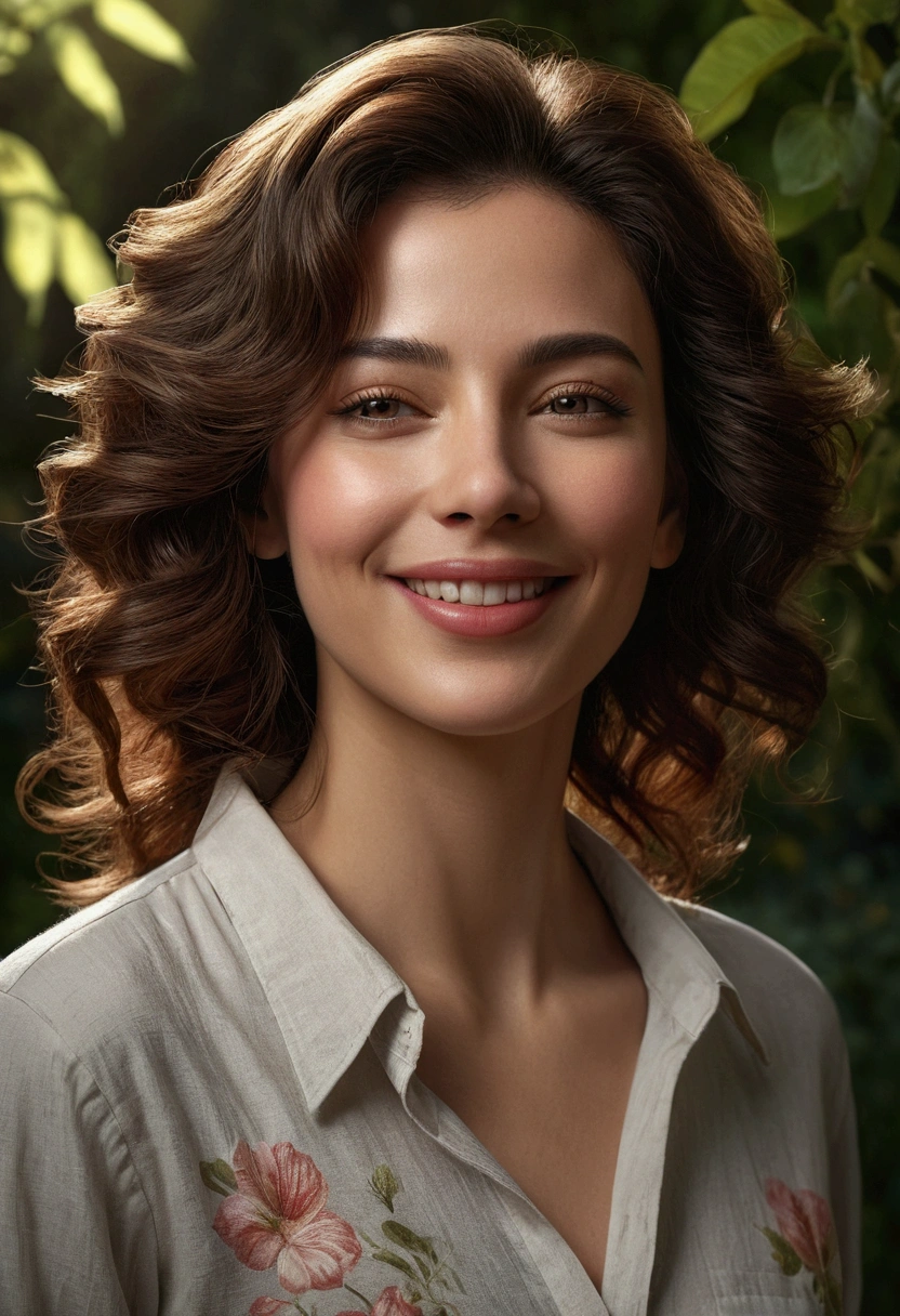 1woman, full body, smiling, tranquil, closed mouth, neck shirt, beautiful detailed eyes, beautiful detailed lips, extremely detailed face and hair, photorealistic, 8k, hyper detailed, chiaroscuro lighting, oil painting, muted colors, warm tones, cinematic composition, dramatic lighting, atmospheric, garden scene