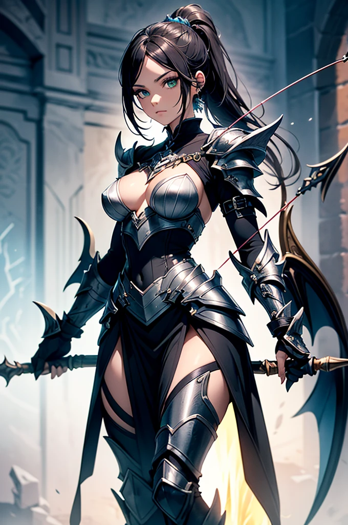 Elara stands at an average height, her slender yet toned frame encased in an ornate black and silver dragon-scale armor that gleams with a faint blue luminescence from the Gem of eternal ice. Her black hair falls in soft waves to shoulder length, typically tied in a high ponytail during journeys, allowing a few loose strands to frame her sculpted face. Her deep green eyes, bright and expressive, stand out against her delicate features and defined jawline, which is partially covered by the high collar of her armor.
The armor itself is intricately designed, with dragon scales layered meticulously to provide both flexibility and formidable protection. The chest piece, adorned with runic engravings and the embedded Gema de Gelo Eterno, glows with a soft, icy light, symbolizing her control over the element of ice. Her shoulders and arms are protected by scaled pauldrons and vambraces, each piece etched with patterns reminiscent of dragon wings and fire motifs, now tinged with frost.
Her legs are guarded by similarly crafted greaves, allowing for agile movement while offering robust defense. The boots are reinforced with metal tips and dragon scales, providing both durability and traction. At her back, a dark cloak with silver accents flows gracefully, adding to her regal and imposing presence.
Elara’s hands grip a bow that has been reforged with the essence of Nargoth, its once plain wood now replaced with blackened steel and icy blue accents, mirroring her armor. The bowstring itself seems to shimmer with a mystical energy, capable of launching arrows imbued with both fire and ice.
Overall, Elara’s appearance exudes a blend of fierce warrior strength and ethereal, almost otherworldly beauty, perfectly reflecting her evolution as a formidable archer and ice-wielder.