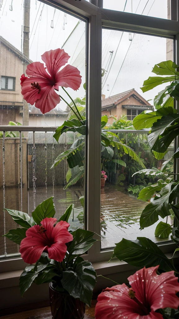Rainy scenery seen from a tropical window　Hibiscus colorful flowers