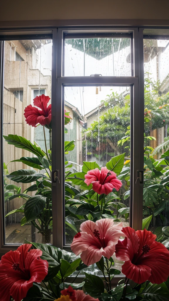 Rainy scenery seen from a tropical window Hibiscus colorful flowers