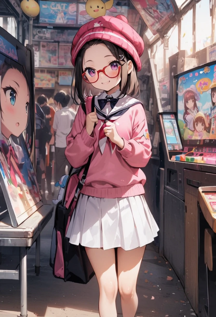 bellybutton、Fashionable glasses、Pantieini skirt、Panty shot、arcade、game machine、Game bench、UFO Catcher、Purikura、Date、forehead、Girl、Girl、Short、Younger、Lower school year、Baby Face、flat chest、smile、Dynamic Angle、masterpiece、best quality、ultra-detail、There are customers around、I'm making a mess、Clothing、school bag、hat