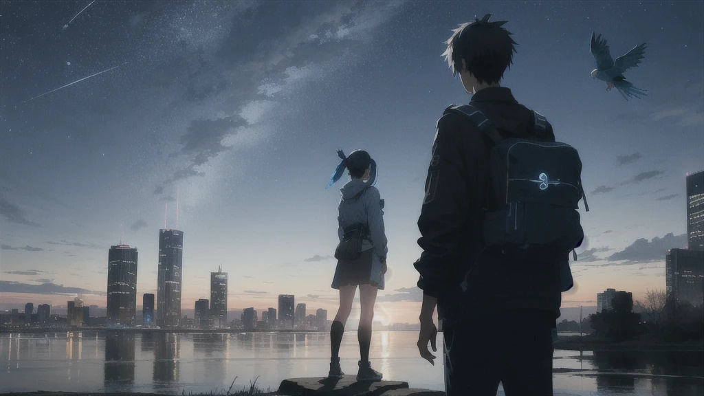 真っ暗なnight空,Octane, star (null), scenery, Blue parakeet,The acoustic guitar is in front of the body.,star, night, A girl and a boy standing back to back, Back view, alone, Outdoor, city,river,Blue parakeet,building, cloud, 天のriver,silhouette