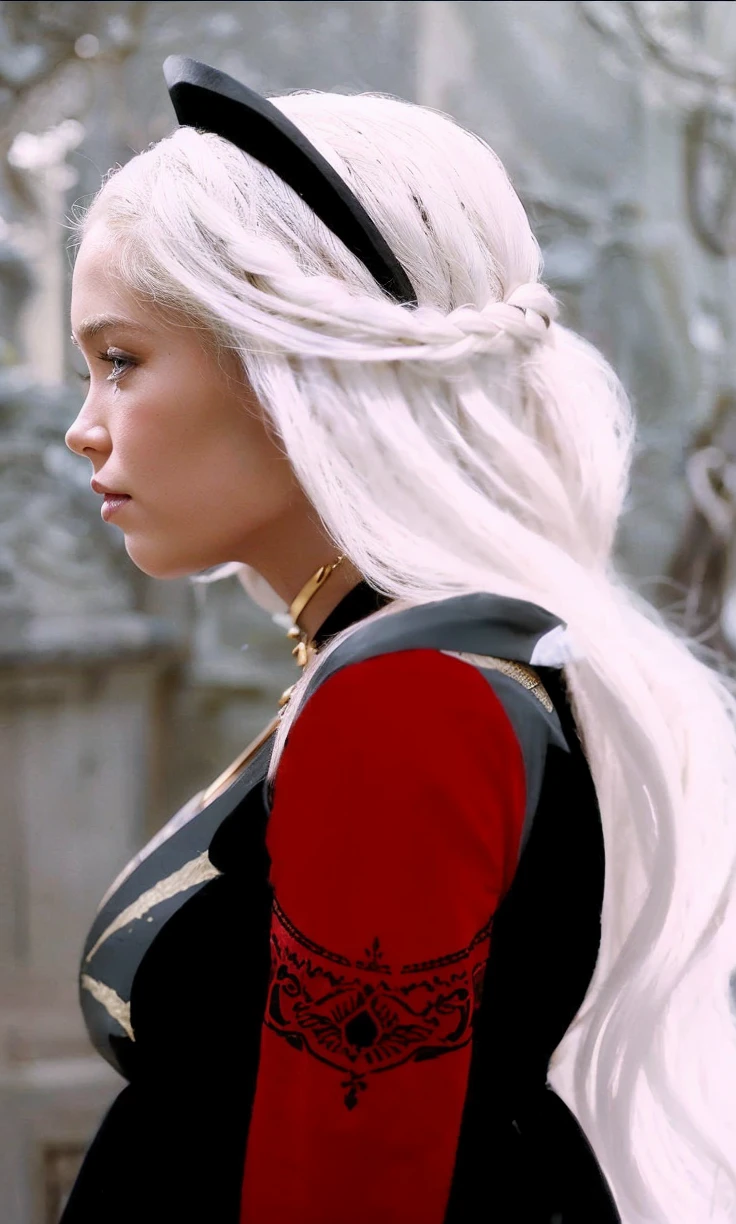 Girl with white wavy hair,side braids,beautiful necklace, Targaryen women hairstyle,beautiful gold tiara, red and black dress