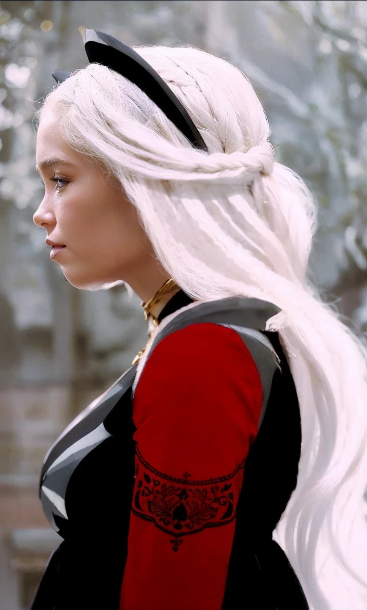 Girl with white wavy hair,side braids,beautiful necklace, Targaryen women hairstyle,beautiful gold tiara, red and black dress