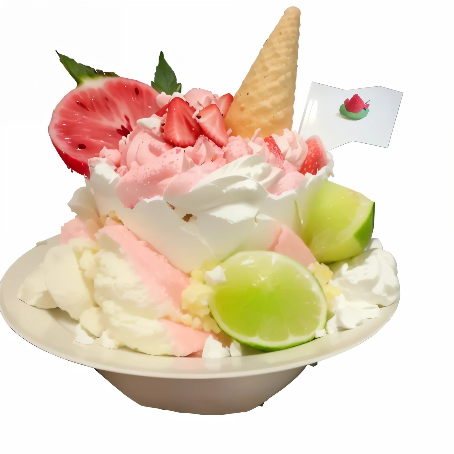 there is a cup of ice cream with a pink and green decoration, ice cream, ice cream on the side, ice cream cone, strawberry ice cream, 🐿🍸🍋, sea of parfaits, watermelon core, dessert, Sweet, decorate, fantasy!!!, Happy!!!, want to, ❤🔥🍄🌪, Hot ,, tasty, 🎀 🍓 🧚