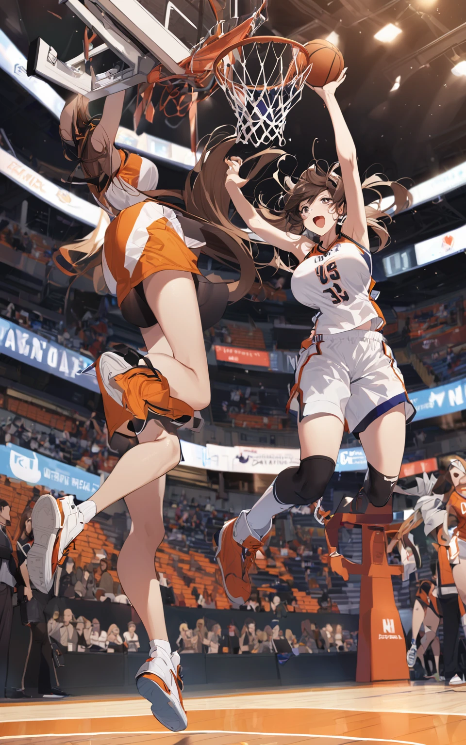 the moment of Game-Winning Dunk by beautiful busty female basketball player, full body shot, huge breasts