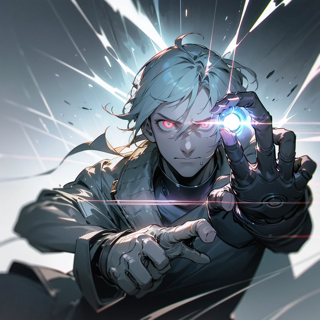 a man with a hand gun pose, electricity sparking from his fingertips, energy ball forming between middle and index fingers, cinematic detailed portrait, dramatic lighting, dystopian futuristic sci-fi setting, muted color palette, dark moody atmosphere, highly detailed, 8k, photorealistic