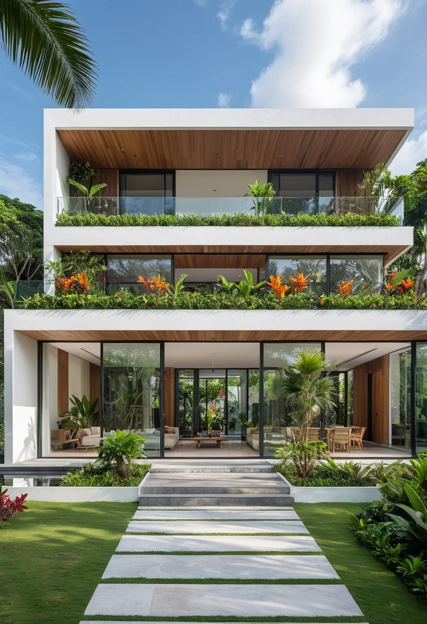 A hyper-realistic image of a modern house with a minimalist design, featuring a combination of wood and white materials. The house has a flat roof, large glass windows, and a balcony with a glass railing. The entrance is flanked by lush greenery and palm trees. There is a wooden gate in front and the garden includes various tropical plants. The overall ambiance is serene and contemporary, with detailed textures and realistic lighting, shadows, and reflections. The colors are vibrant and true to life, showcasing the natural beauty of the materials and the surrounding environment. Additionally, the house is surrounded by a well-maintained garden with various tropical plants and flowers, a clean street with a sidewalk, and a modern urban setting.
