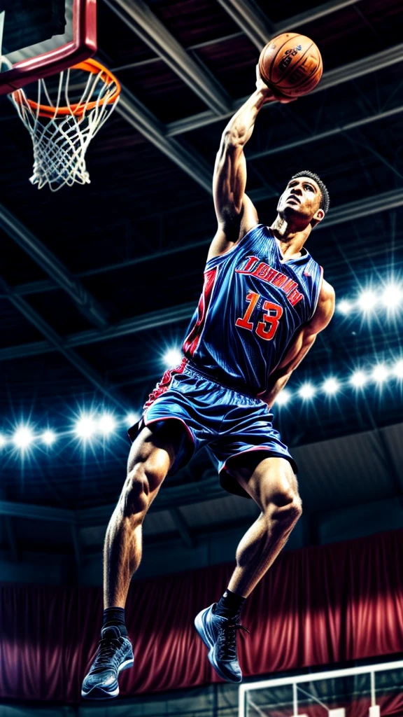 a middle-aged basketball player, dramatic dunk shot, hanging from the hoop, viewed from above, cheering crowd, realistic, photorealistic, cinematic lighting, dynamic action, extreme detail, high quality, 8k, sharp focus, physically-based rendering, vivid colors, dramatic angle, heroic pose, sweat and motion blur, crowd in background
