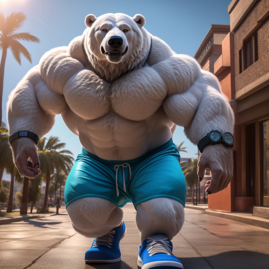 a huge muscular polar bear dad, large white fur, thick arms, wide pectoral, bearded, grinning, wearing blue gym shorts, wristbands, watch, gym shoes, on a city street with palm trees, (best quality,4k,8k,highres,masterpiece:1.2),ultra-detailed,(realistic,photorealistic,photo-realistic:1.37),extremely detailed face and body,hyper realistic,stunning details,extremely sharp focus,vibrant colors,natural lighting,cinematic composition