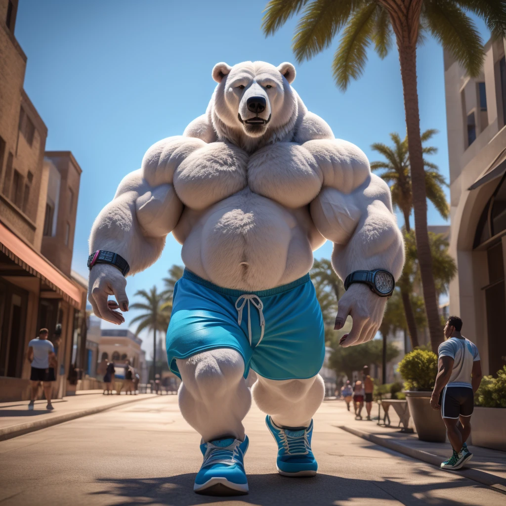 a huge muscular polar bear dad, large white fur, thick arms, wide pectoral, bearded, grinning, wearing blue gym shorts, wristbands, watch, gym shoes, on a city street with palm trees, (best quality,4k,8k,highres,masterpiece:1.2),ultra-detailed,(realistic,photorealistic,photo-realistic:1.37),extremely detailed face and body,hyper realistic,stunning details,extremely sharp focus,vibrant colors,natural lighting,cinematic composition