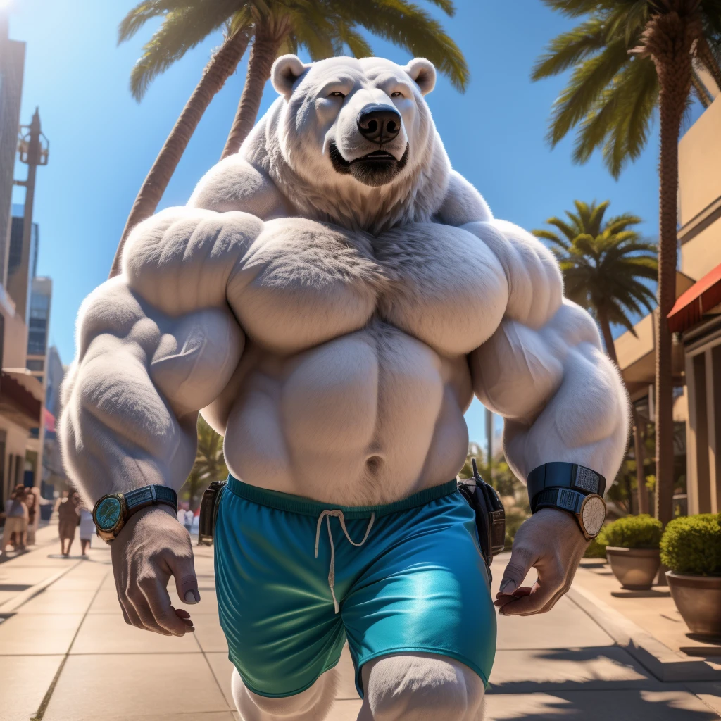 a huge muscular polar bear dad, large white fur, thick arms, wide pectoral, bearded, grinning, wearing blue gym shorts, wristbands, watch, gym shoes, on a city street with palm trees, (best quality,4k,8k,highres,masterpiece:1.2),ultra-detailed,(realistic,photorealistic,photo-realistic:1.37),extremely detailed face and body,hyper realistic,stunning details,extremely sharp focus,vibrant colors,natural lighting,cinematic composition