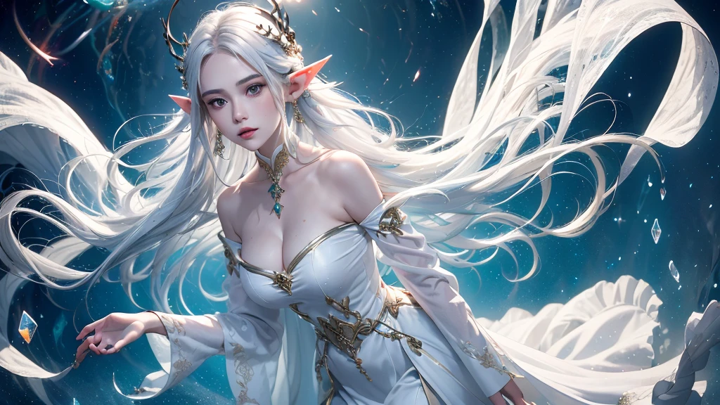 silver hair、(work of art, Most High品質, Most High, offcial art, beautiful and aesthetic, exposed for a long time: 1.2), Smooth Movement, attractive pattern, 1 girl, (Long Dress with Sleeves: 1.3), (((white  clothes) )), trunk close-up, bared shoulders, Chinesa, blush, Black Lob Hair, portraite, standing alone, trunk, watch the observer, detailed back ground, face detailed, (Crystal AI, crystal theme:1.1), Wind attribute duende, Spinning wind, control the wind, white crystal clothes, dynamic pose, suspended particles, Aether Dynamics, maelstrom, vapour, maelstrom in the background, white tone, maelstrom, great atmosphere,silver hair、elf elf, with lush elf wings