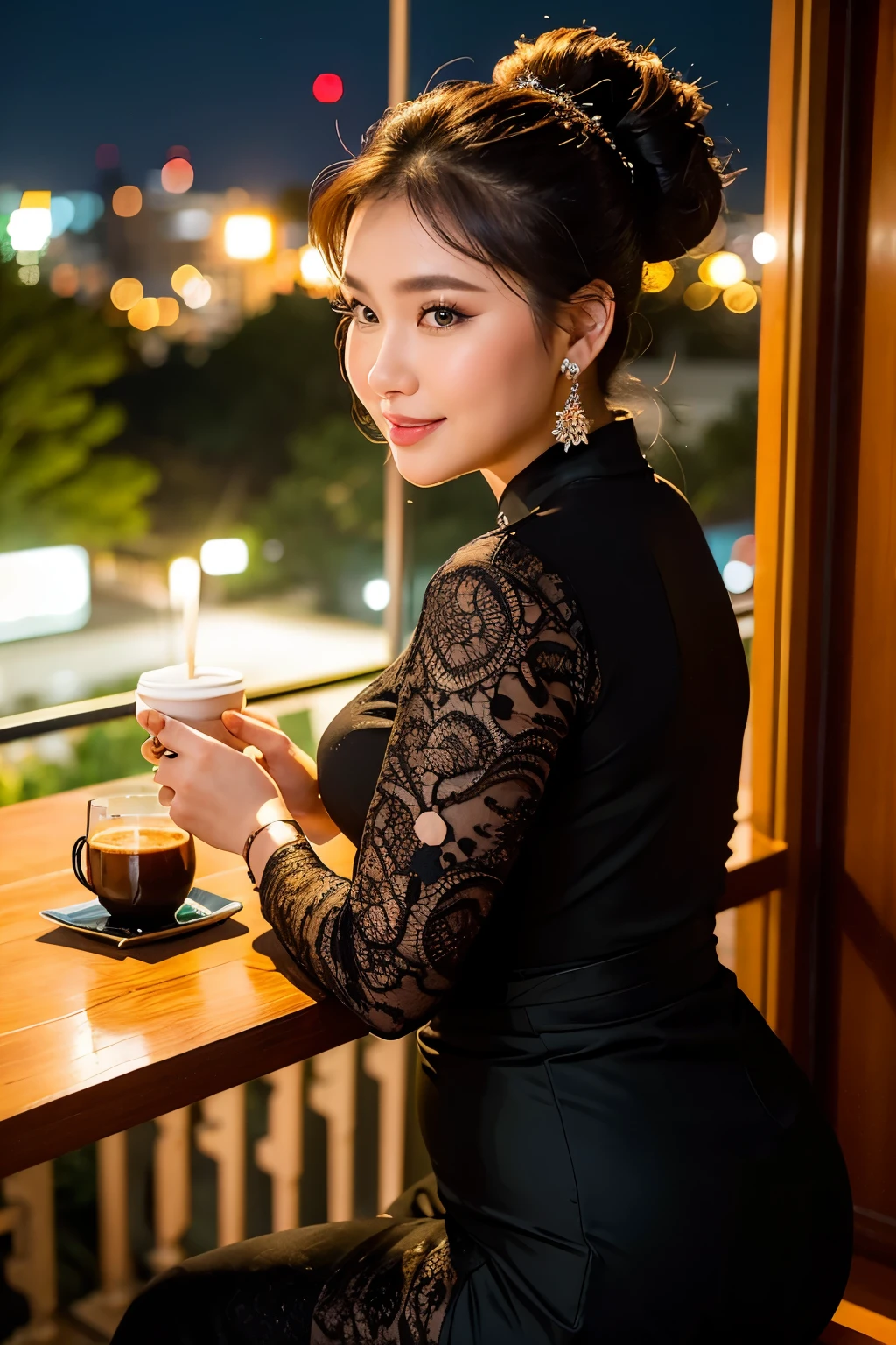 ((best quality)), ((masterpiece)), (detailed), beatiful girl(curvy body) wearing black kebaya the java traditional clothes, ponytail hair style, sitting in the balcony at nights and there is a coffee on the table, moonshine and stars