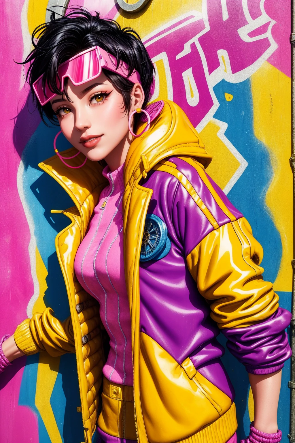 Jubilee,short black hair, brown eyes, solo, standing, upper body, smile, jubJak, open yellow jacket, purple shades on head, hoop earrings ,blue gloves, pink shirt, streets, chain fence, retro, graffiti, (insanely detailed, beautiful detailed face, masterpiece, beautiful detailed eyes, best quality)