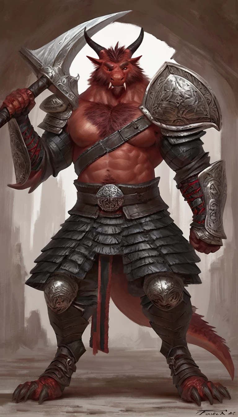 Anthropomorphic dragon boasts a "soft beefy" physique. The "soft" aspect of his physique is achieved through a meticulous distribution of muscle and fat that creates a sense of comfort and approachability. skin is a rich, deep black, with a subtle shimmer that hints at his hidden nobility. His eyes are a piercing shade of Imperial red, framed by thick eyebrows that arch over them in a constant state of curiosity. His attire, a black gambeson armor with striking salmon accents and intricate silver metal ornaments, is both functional and symbolic. The gambeson, a padded garment, is tailored to allow for a full range of motion, emphasizing his agility despite his size. The armor's design is meticulously crafted, with each detail serving a purpose. The imperial red accents trace the contours of his muscles, highlighting his physical power and determination. The silver metal ornaments are strategically placed to protect vital areas while also enhancing his aesthetic appeal. Leox's fur is predominantly black with salmon red-colored highlights that are strategically placed to accentuate his muscular structure and enhance the contrast against his armor. The fur on his torso and limbs is dense yet well-managed, giving him a sleek and powerful look that is indicative of his warrior background. His chest hair is kept at a moderate length, framing his broad pectoral muscles. Large axe like fangs. Taran Fiddler art Style