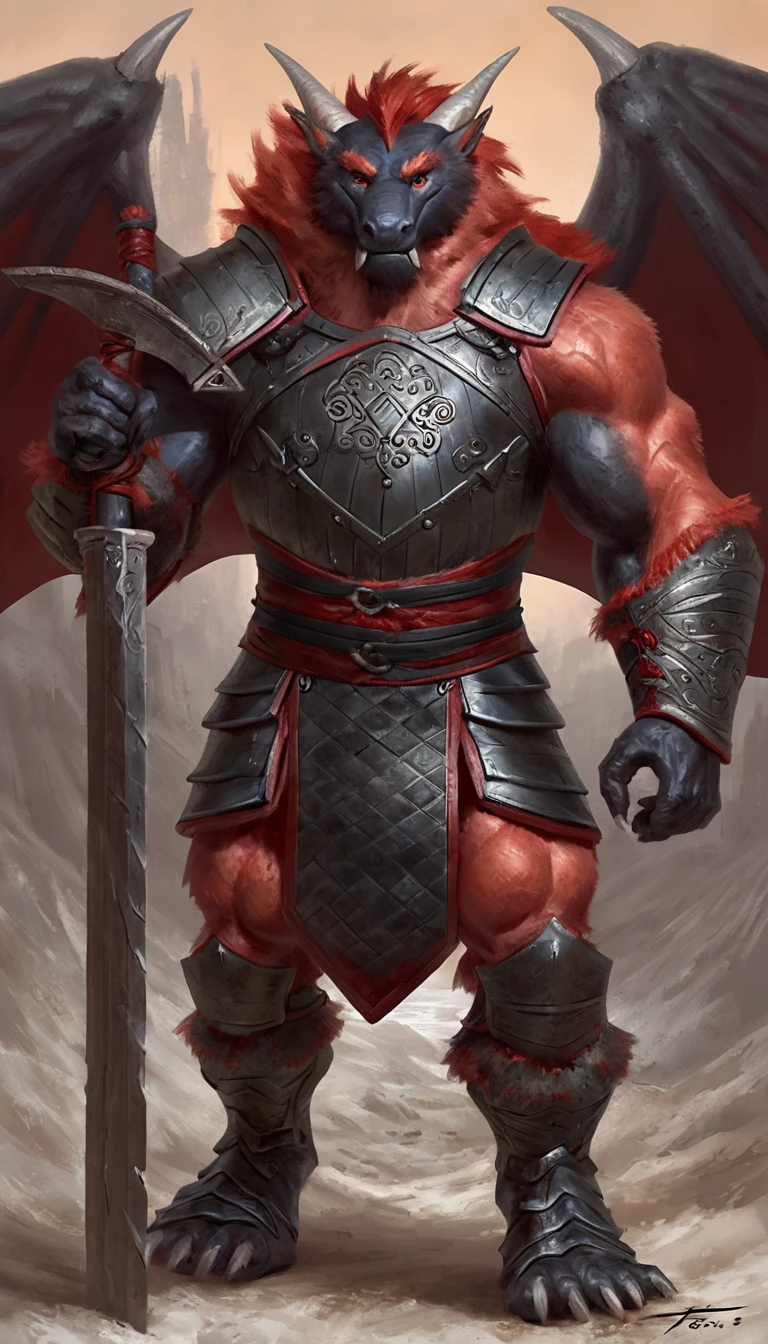 Anthropomorphic dragon boasts a "soft beefy" physique. The "soft" aspect of his physique is achieved through a meticulous distribution of muscle and fat that creates a sense of comfort and approachability. skin is a rich, deep black, with a subtle shimmer that hints at his hidden nobility. His eyes are a piercing shade of Imperial red, framed by thick eyebrows that arch over them in a constant state of curiosity. His attire, a black gambeson armor with striking salmon accents and intricate silver metal ornaments, is both functional and symbolic. The gambeson, a padded garment, is tailored to allow for a full range of motion, emphasizing his agility despite his size. The armor's design is meticulously crafted, with each detail serving a purpose. The imperial red accents trace the contours of his muscles, highlighting his physical power and determination. The silver metal ornaments are strategically placed to protect vital areas while also enhancing his aesthetic appeal. Leox's fur is predominantly black with salmon red-colored highlights that are strategically placed to accentuate his muscular structure and enhance the contrast against his armor. The fur on his torso and limbs is dense yet well-managed, giving him a sleek and powerful look that is indicative of his warrior background. His chest hair is kept at a moderate length, framing his broad pectoral muscles. Large axe like fangs. Taran Fiddler art Style