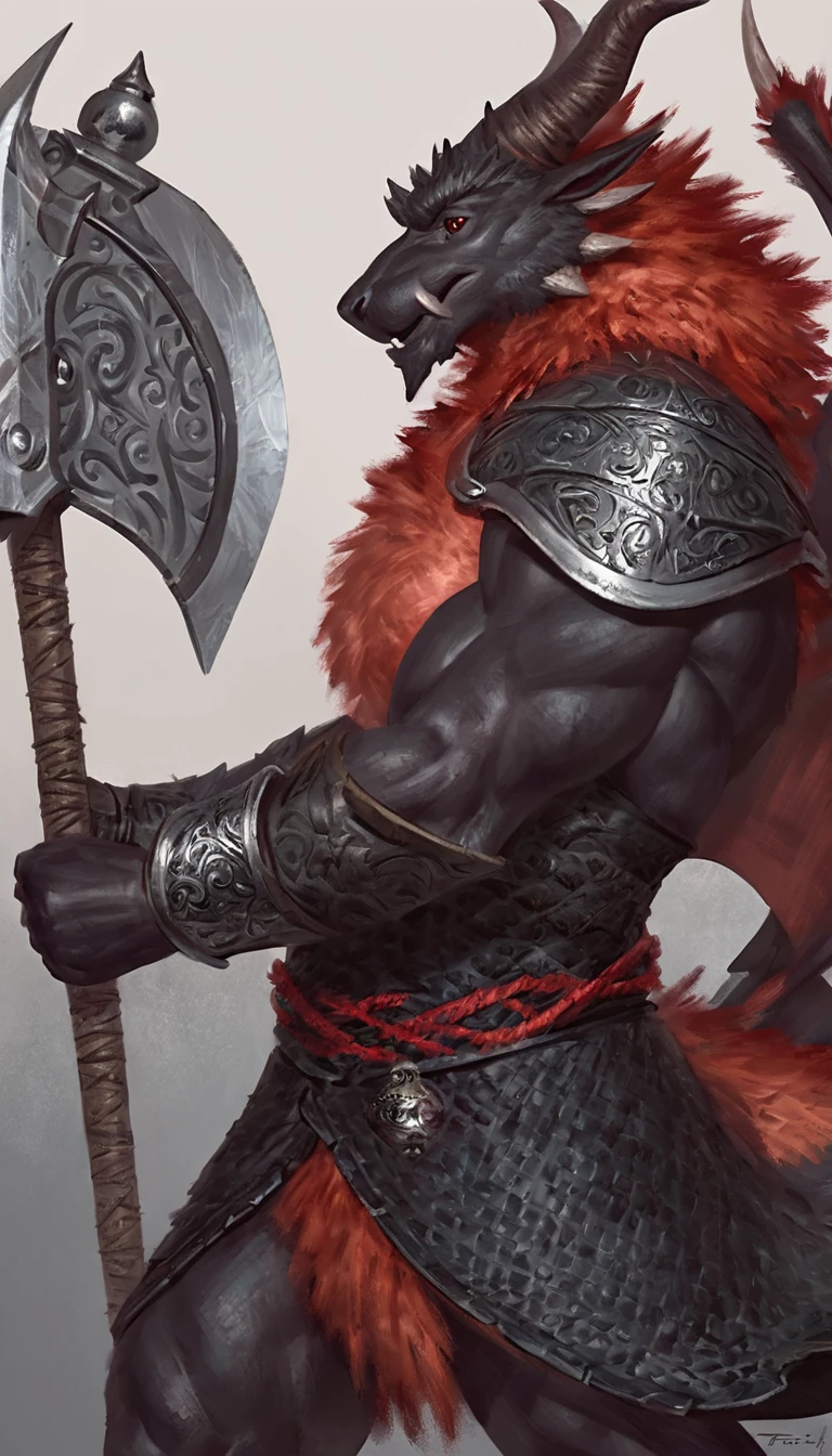 Anthropomorphic dragon boasts a "soft beefy" physique. The "soft" aspect of his physique is achieved through a meticulous distribution of muscle and fat that creates a sense of comfort and approachability. skin is a rich, deep black, with a subtle shimmer that hints at his hidden nobility. His eyes are a piercing shade of Imperial red, framed by thick eyebrows that arch over them in a constant state of curiosity. His attire, a black gambeson armor with striking salmon accents and intricate silver metal ornaments, is both functional and symbolic. The gambeson, a padded garment, is tailored to allow for a full range of motion, emphasizing his agility despite his size. The armor's design is meticulously crafted, with each detail serving a purpose. The imperial red accents trace the contours of his muscles, highlighting his physical power and determination. The silver metal ornaments are strategically placed to protect vital areas while also enhancing his aesthetic appeal. Leox's fur is predominantly black with salmon red-colored highlights that are strategically placed to accentuate his muscular structure and enhance the contrast against his armor. The fur on his torso and limbs is dense yet well-managed, giving him a sleek and powerful look that is indicative of his warrior background. His chest hair is kept at a moderate length, framing his broad pectoral muscles. Large axe like fangs. Taran Fiddler art Style