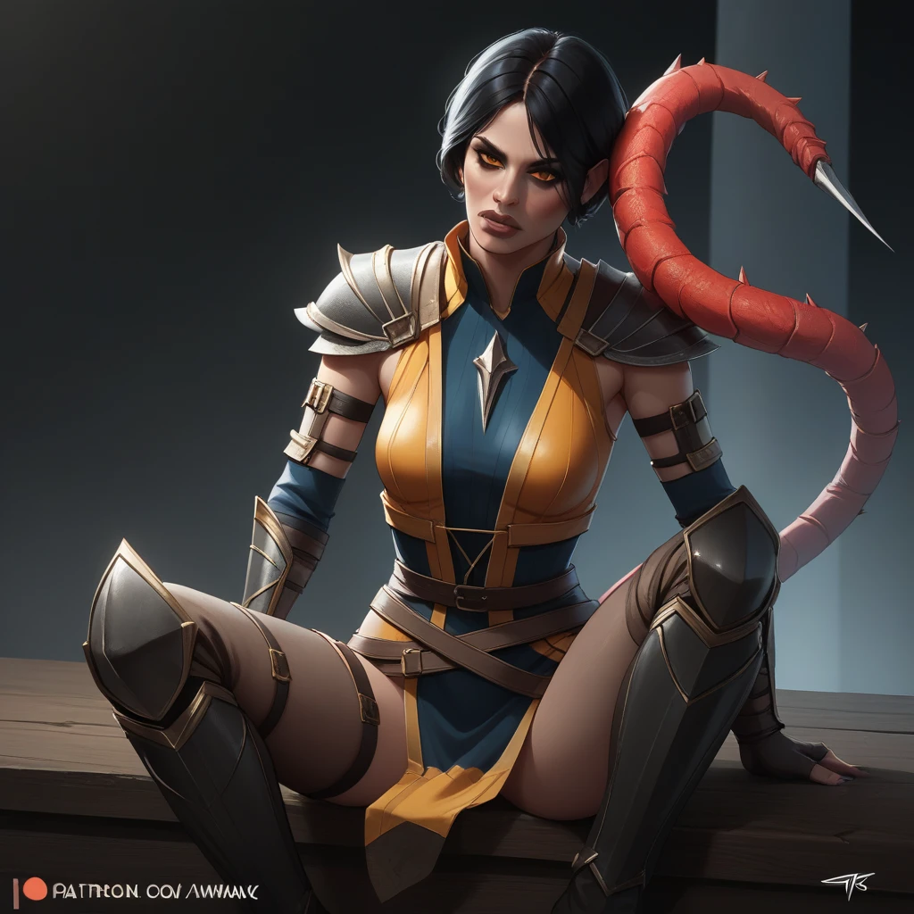 score_9, score_8_up, score_7_up, BREAK🍆🍑🤑, Portrait of a female Mortal Kombat Scorpion, featuring a head and shoulders composition. The artwork is an 8K digital painting created by a collaboration of renowned artists, including Nekro, Klaus Wittmann, Martine Johanna, Guweiz, and Shinkiro. The composition is aesthetically pleasing and intricately detailed, showcasing the expertise of the artists involved. The portrait is trending on Artstation and exhibits sharp focus and hyperdetailed elements. The overall effect captures the essence of the Mortal Kombat character, Scorpion, while adding a unique and captivating artistic interpretation.