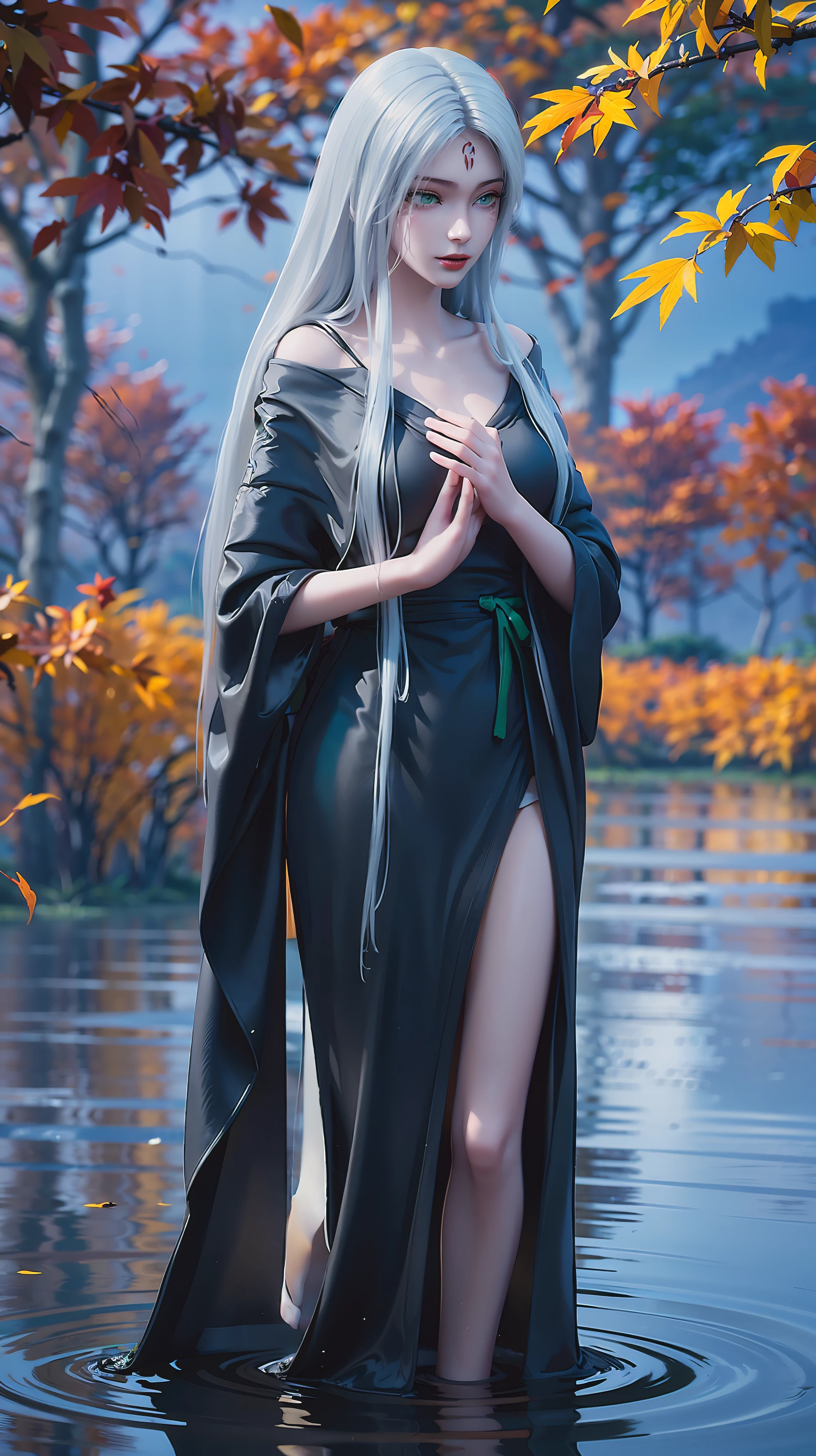 A girl bathes in water，While bathing，Water flowing over shoulders，No clothes，Put your hands on your chest，Cover your chest and with your hands，Autumn maple leaves shining on the water，(((White long hair)))，(((Green eyes))，((Black robe))，((Place one hand on your chest))