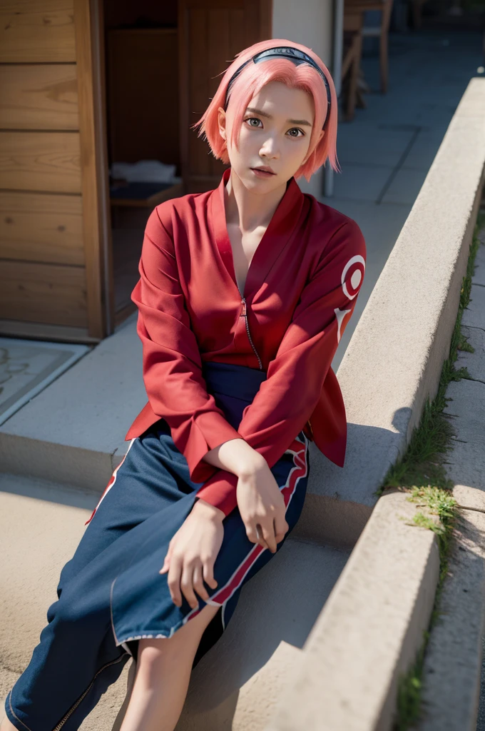 Hino, ANIME NARUTO, NINJA, ((forehead the show)), attractive, wearing a ((red blouse)), pink hair, delicate, young, short hair, detailed face, in a village, full body, looking at the viewer, bandana on the head, trend in art by rhads, andreas rocha, rossdraws, makoto shinkai, laurie greasley, lois van baarle, ilya kuvshinov and greg rutkowski