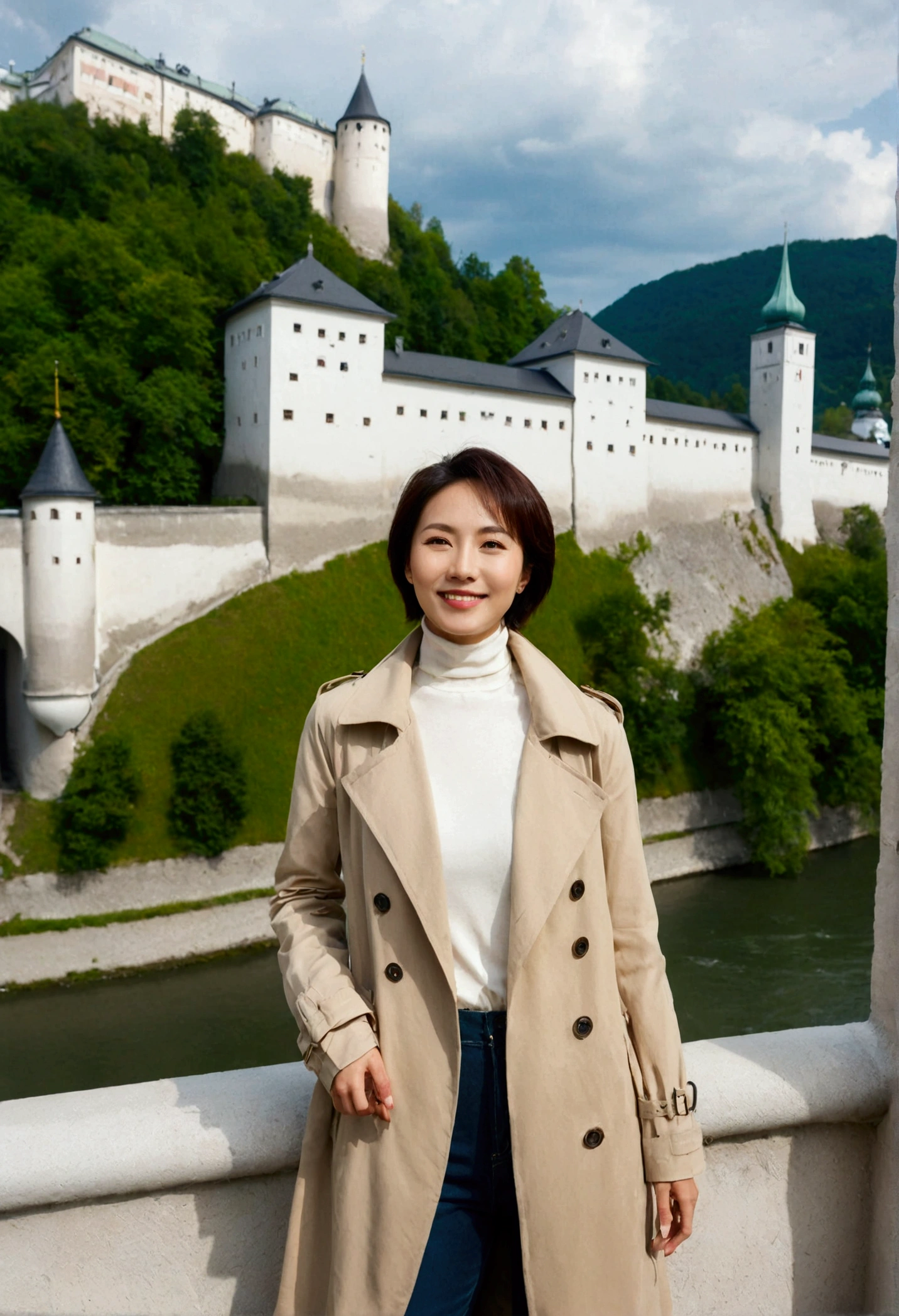 high quality, 1 woman, ((36-year-old healthy Korean woman)), ((36 years old)), 1 woman, eyes are big and beautiful. ((slim)), ((short medium hair)), Smile. pose: standing, Premium brand sweater and light trench coat, background:Your residence is a baroque townhouse with a plaster façade and wrought iron railings.., Overlooking the Salzach River and Hohensalzburg Fortress, looking slightly up, 1 woman, Full body shot with Canon 16-34 wide angle lens, river view