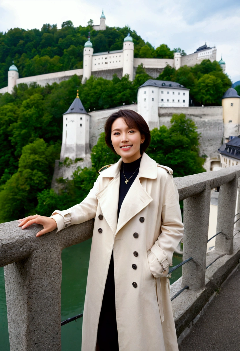 high quality, 1 woman, ((36-year-old healthy Korean woman)), ((36 years old)), 1 woman, eyes are big and beautiful. ((slim)), ((short medium hair)), Smile. pose: standing, Premium brand sweater and light trench coat, background:Your residence is a baroque townhouse with a plaster façade and wrought iron railings.., Overlooking the Salzach River and Hohensalzburg Fortress, looking slightly up, 1 woman, Full body shot with Canon 16-34 wide angle lens, river view