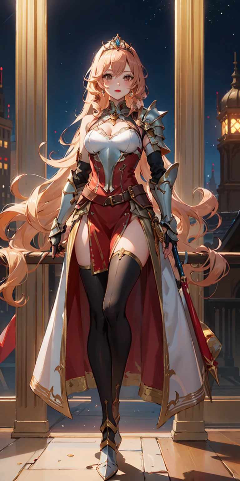 masterpiece), high resolution, (extremely detail), photorealestic, 1 girl, (((very long, curly, kirschrotes Haar, seductive bright red eyes, Big eyes, eyes, cute face, small face, sharp face, beautiful eyes, Blutjung, big legs, thick legs:1.7, insanely narrow waist:1.3, Medium :1.3, Rinse, (Extrem sexly, sexly, sexly, sexly, sexly, sexly)))), ((smooth skin, soft skin, Plump skin, enge night armor, leotard, bare legs, knight, steel, walking))