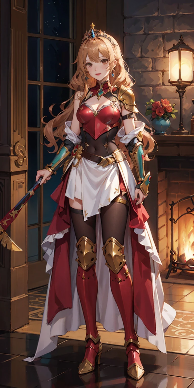 Full body 1chicasolo, long_Hair, rubio_Hair, Brown_eyes, jewelry, superior_body, lipstick, pindiintes, layer, armor, Drill_Hair, tiara, corona, shoulder_armor, red gauntlets, shoulder pads, breastpline, Style_parody, female knight, golden curls, cheered up_Colorant, looking_in_viewer