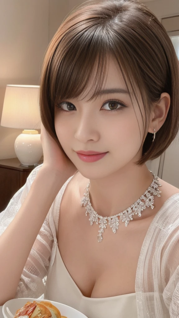 1 young ultra Cute japanese girl,short silver hair,porcelain white skin,slender figure,lacy camisole,sitting in Italian cafe,drinking black tea,beautiful detailed eyes,long eyelashes,charming dropped eyes,lovely smiling lips,extremely detailed face without makeup,(best quality,4k,8k,highres,masterpiece:1.2),ultra-detailed,(realistic,photorealistic,photo-realistic:1.37),HDR,UHD,studio lighting,ultra-fine painting,sharp focus,physically-based rendering,extreme detail description,professional,vivid colors,bokeh,portraits,soft pastel colors,natural lighting,cinematic composition