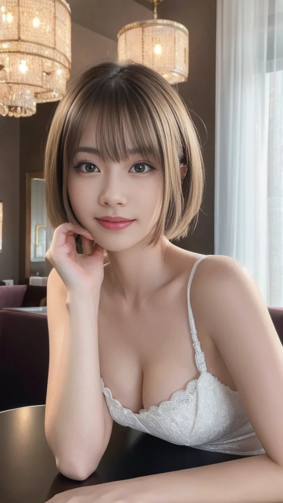 ung ultra Cute japanese girl,short silver hair,porcelain white skin,slender figure,lacy camisole,sitting in Italian cafe,drinking black tea,beautiful detailed eyes,long eyelashes,charming dropped eyes,lovely smiling lips,extremely detailed face without makeup,(best quality,4k,8k,highres,masterpiece:1.2),ultra-detailed,(realistic,photorealistic,photo-realistic:1.37),HDR,UHD,studio lighting,ultra-fine painting,sharp focus,physically-based rendering,extreme detail description,professional,vivid colors,bokeh,portraits,soft pastel colors,natural lighting,cinematic composition