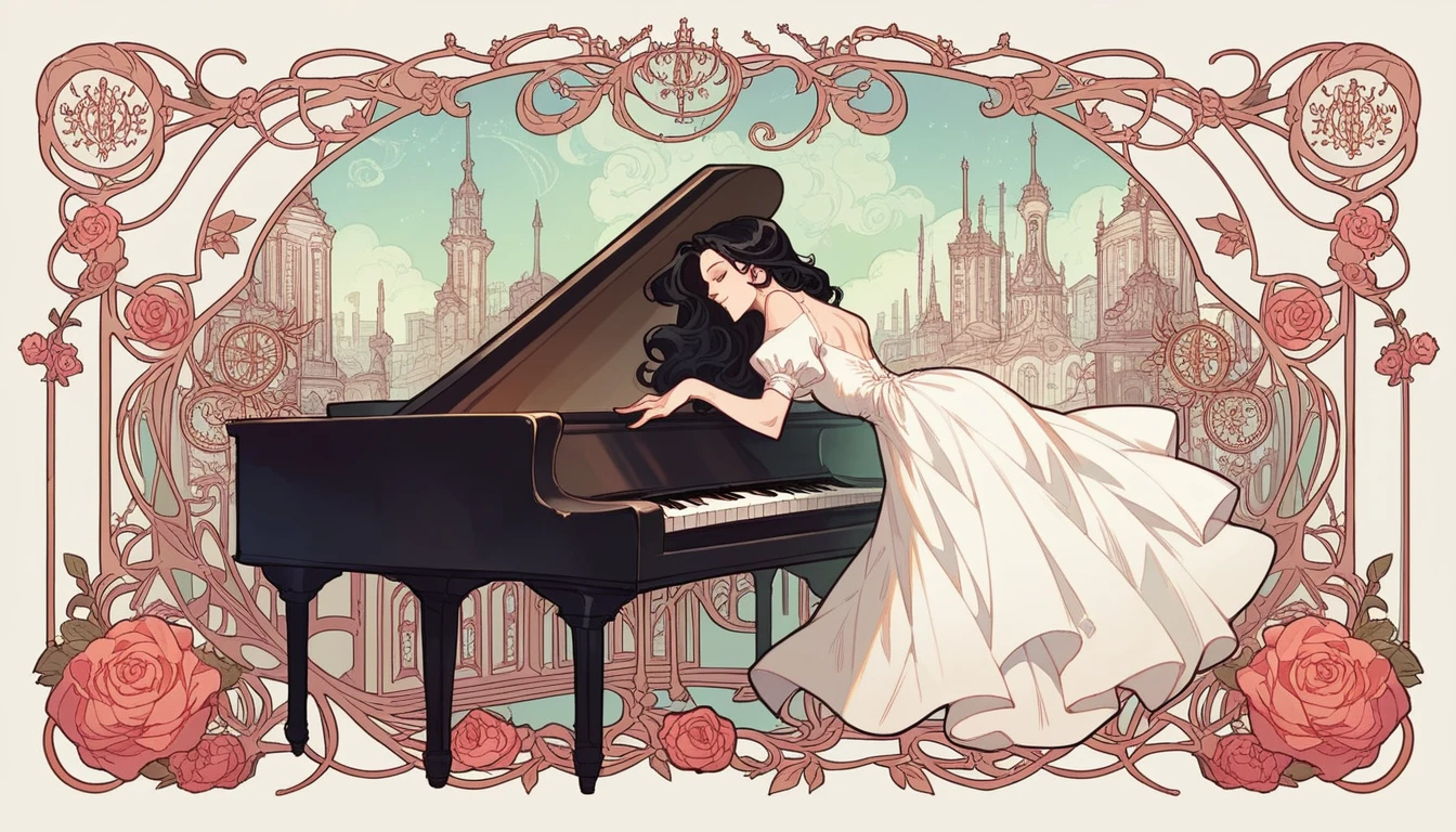 beautyfull vampire woman, wavy black hair, white dress, delicate, playing piano, bauty lights, full body, comics art style, art nouveau, city background