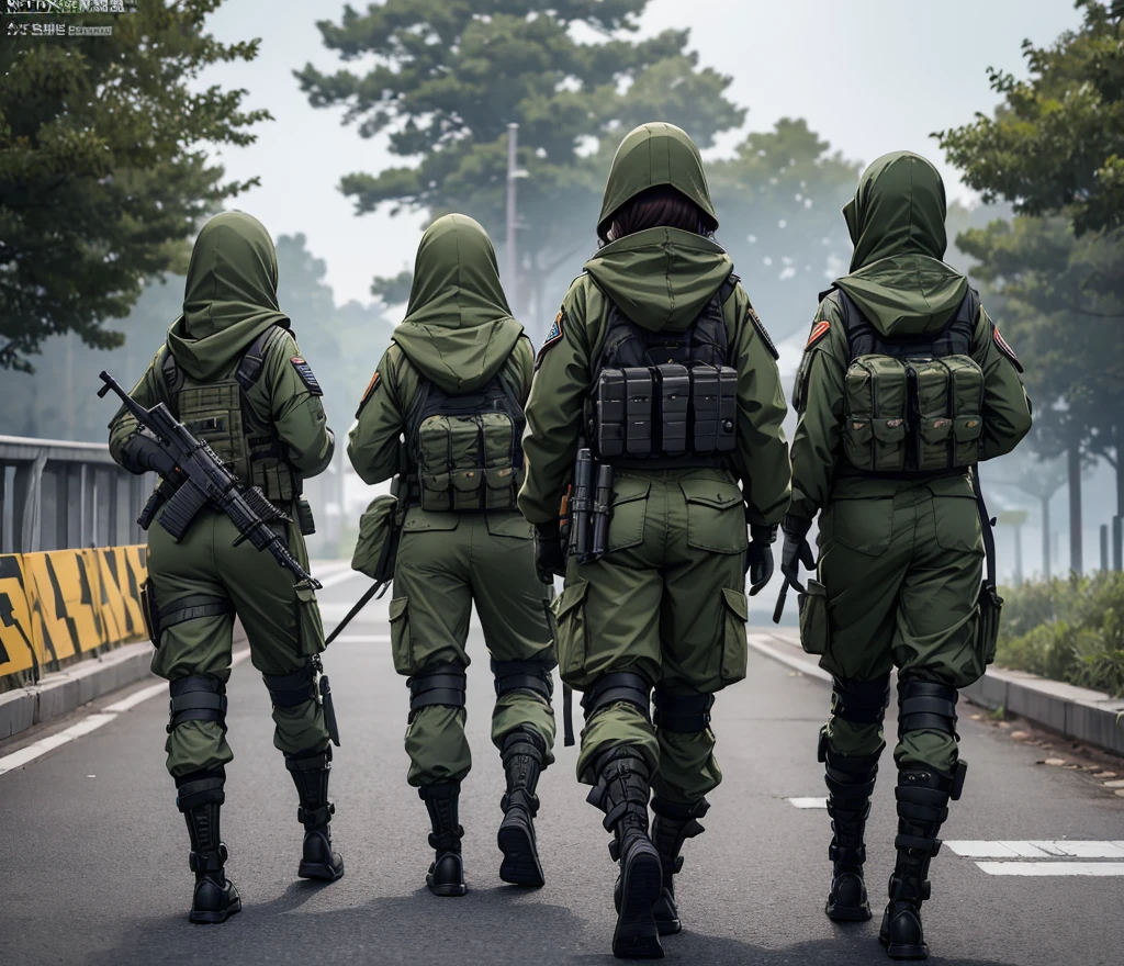 A group of female special forces soldiers seen from behind，All wear dark green M-51 hooded military uniforms、Hooded on head、Magazine Pouch、Military Pants、Knee pads、On the pier，Write details、masterpiece、best quality、Highly detailed CG、8K picture quality