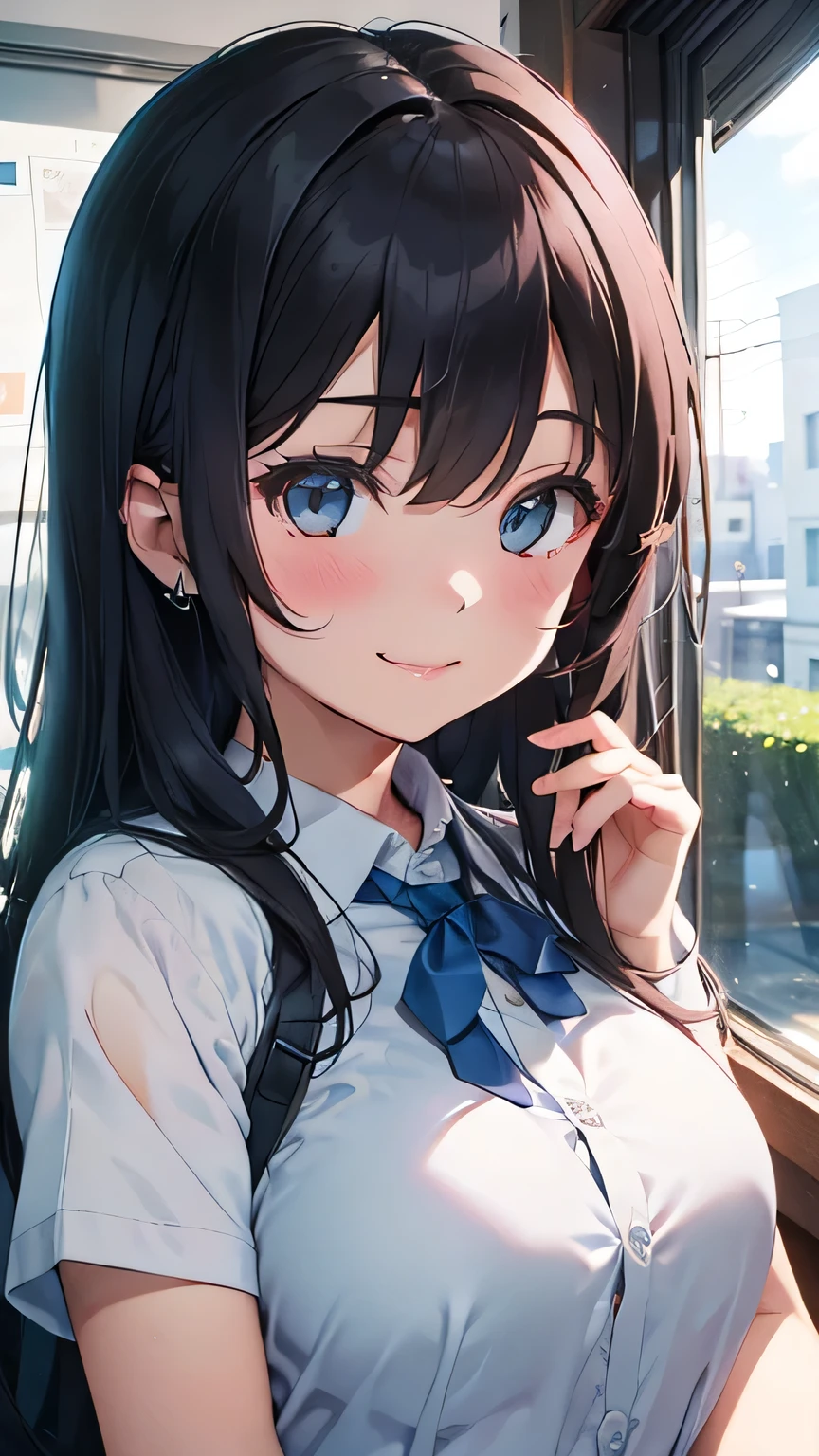(Very detailed CG Unity 8K 壁紙),(masterpiece), (Highest quality), (Very detailed), (Best illustrations),(Best Shadow)、1girl ahoge artist_request big_breasts blue_archive female green_eyes hanako_(blue_archive) highres looking_at_viewer make-up_work_club_(blue_archive) pink_hair school_uniform seductive smile trinity_general_school_logo_(blue_archive) trinity_general_school_student