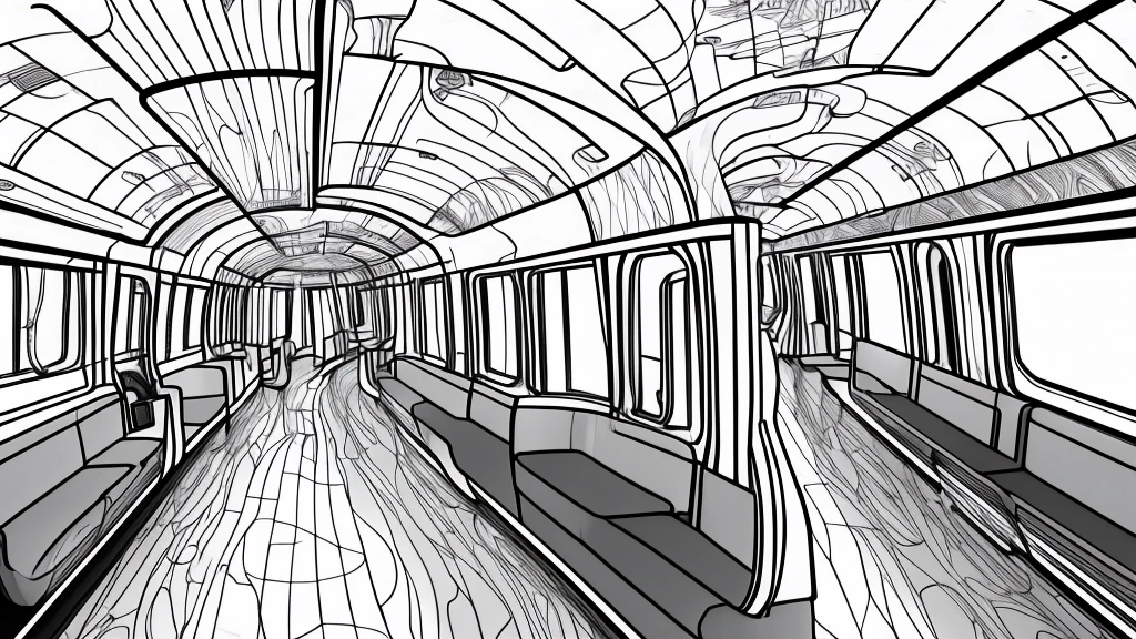 Draft line drawing, white train interior
