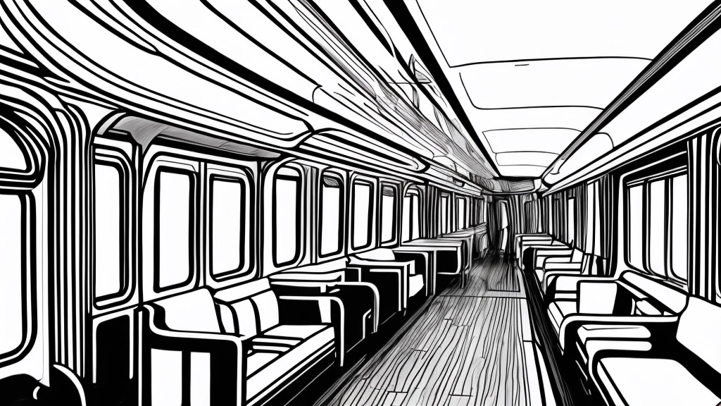 Draft line drawing, white train interior