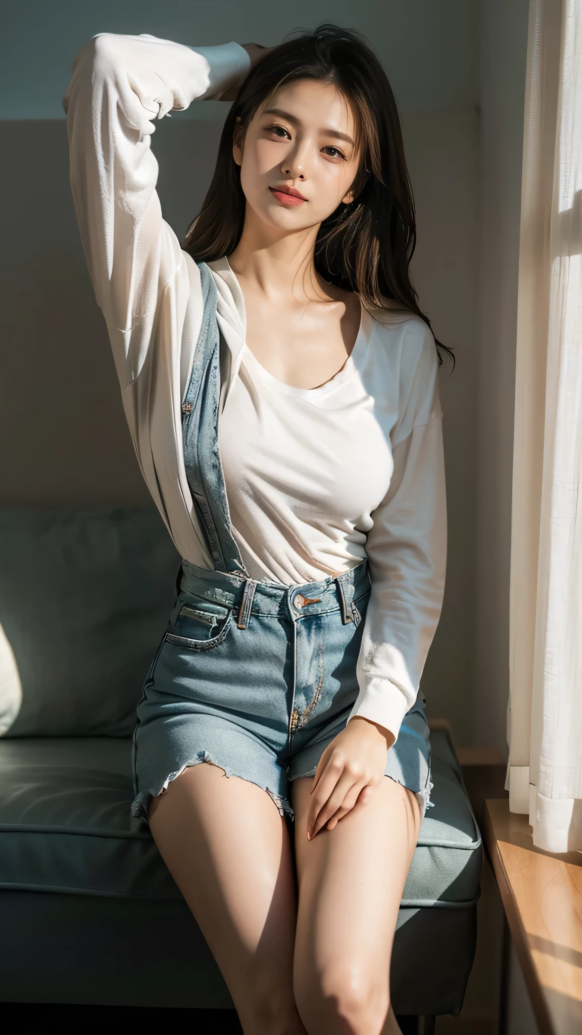 (8k, RAW photo graphy, best quality), (realistic, photorealistic: 1. 37), ultra high quality, one girl, cute, best quality, masterpiece, 8k, droopy eyes, big breasts, beautiful breasts, plain background, breasts showing, white shirt over, sitting, smiling, elaborately detailed subtle glow, projecting both grace and confidence, cinematic lighting used for visual effect The background incorporates a modern 2D design, creating a beautifully balanced composition. Elements such as depth of field, bloom effects, and sparkle enhance the scene and add a dreamlike quality to the overall image. Meticulous attention to detail