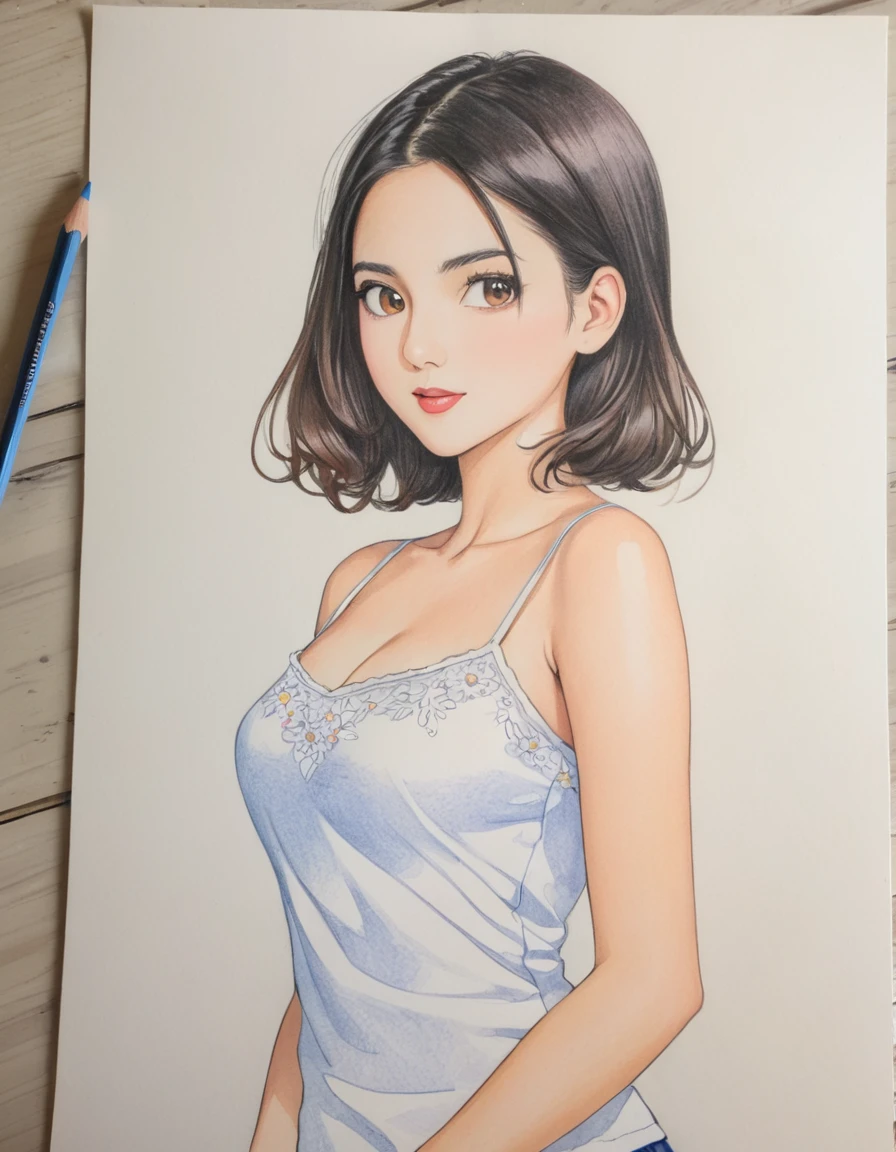 female,short camisole,white,Art,ad,colour pencil drawing,draft drawing ,comic collage,illustration