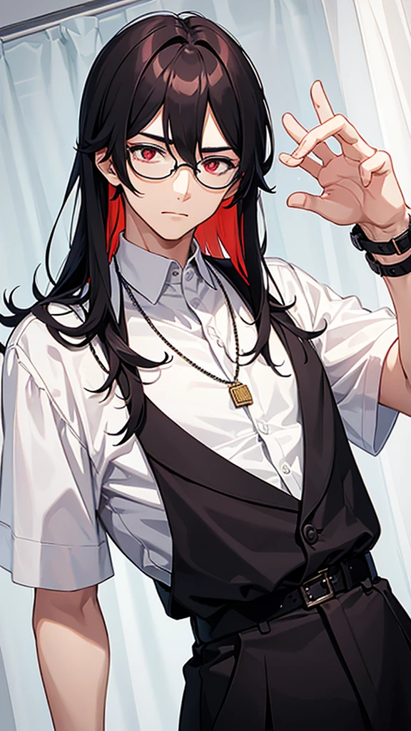 A man with black curtain hair and the ends of his hair is red, has red eyes and plus-shaped pupils, wears rectangular glasses With the frame below empty, he has a handsome, soft and kind face, he wears a white shirt and a gray vest, his appearance looks like a college student,And he wears a circle-shaped necklace,He looked at the camera with his gentle face